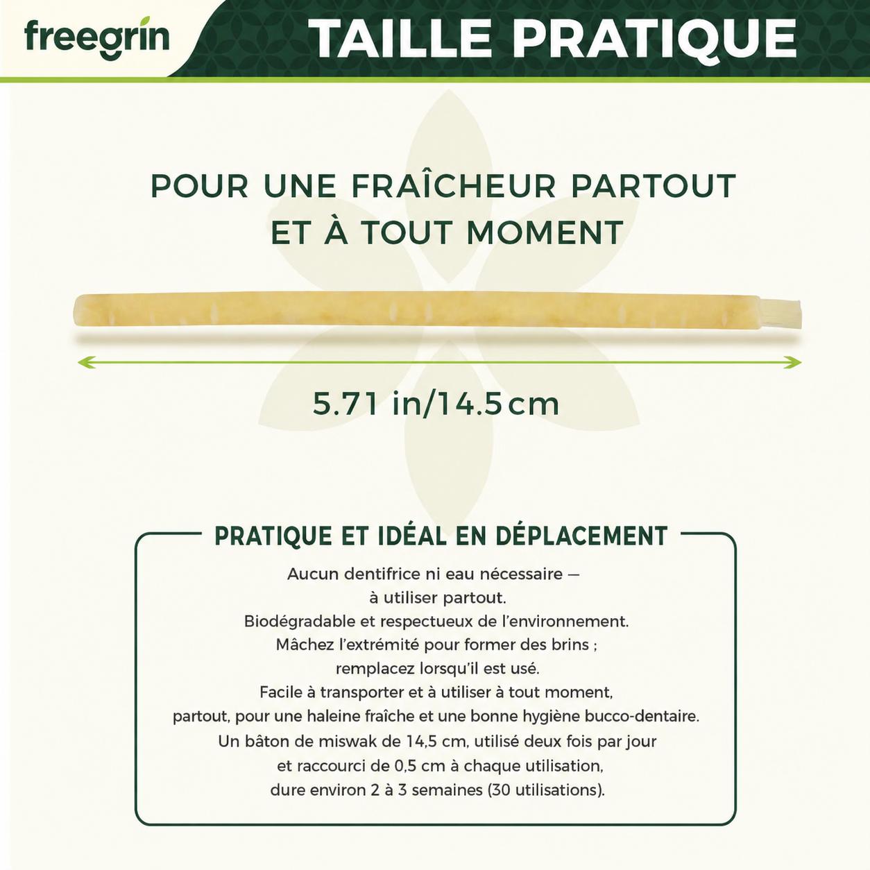 FreeGrin Brosse à Dents Miswak de Qualité Supérieure Personnalisée en Usine Saveurs Naturelles Clou de Girofle Menthe Sachet Sous Vide pour Usage Quotidien Dentifrices Miswak
