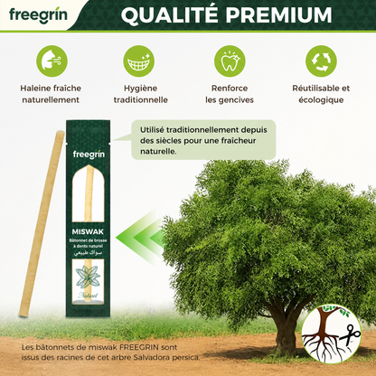 FreeGrin Brosse à Dents Miswak de Qualité Supérieure Personnalisée en Usine Saveurs Naturelles Clou de Girofle Menthe Sachet Sous Vide pour Usage Quotidien Dentifrices Miswak